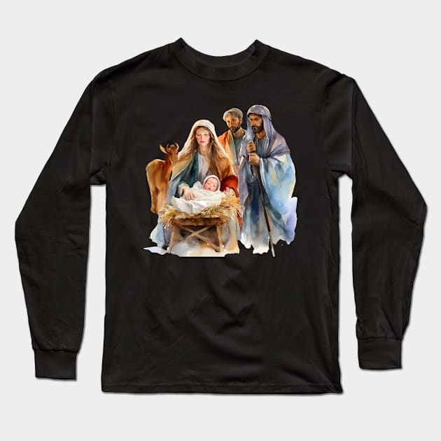 Watercolor Nativity Scene Long Sleeve T-Shirt by nomanians